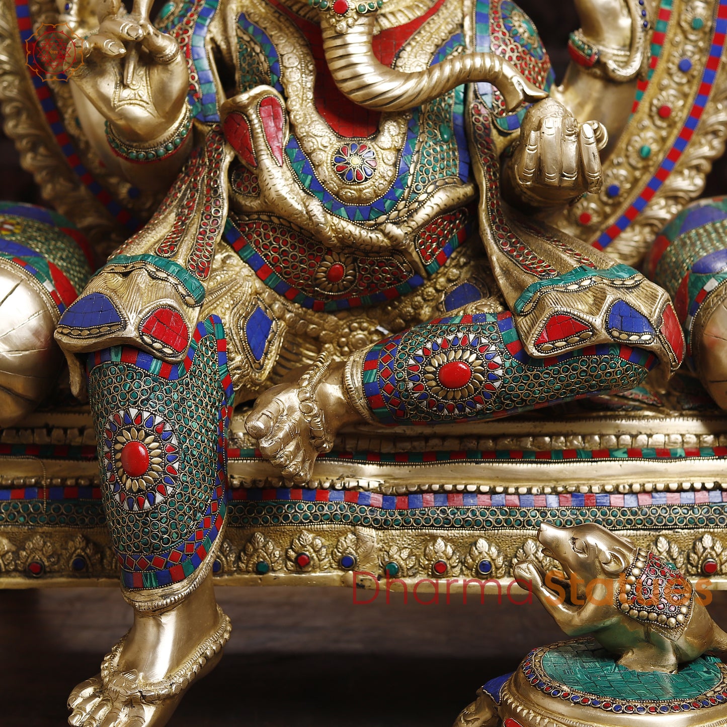 Brass Ganesh on Throne, Stonework & Golden Finish, 46"