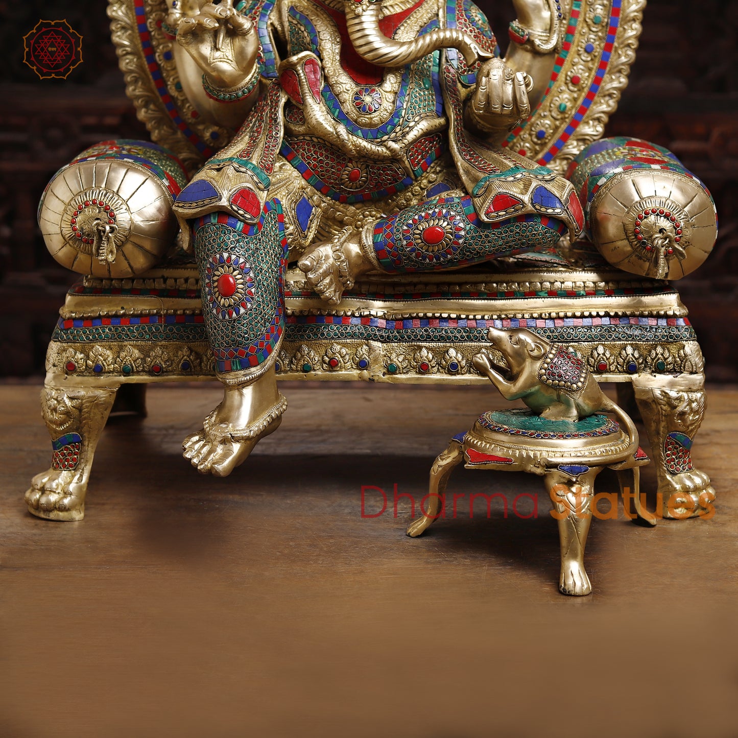 Brass Ganesh on Throne, Stonework & Golden Finish, 46"
