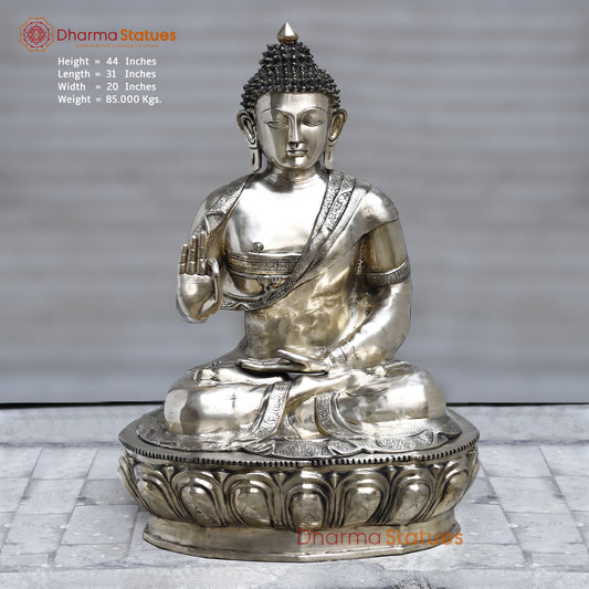 Brass Buddha seated in Blessing, Silver Finish, 44"