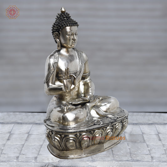 Brass Buddha seated in Blessing, Silver Finish, 44"