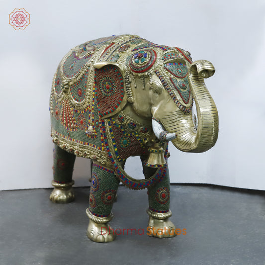 Brass Elephant, Stonework & Golden Finish, 35"