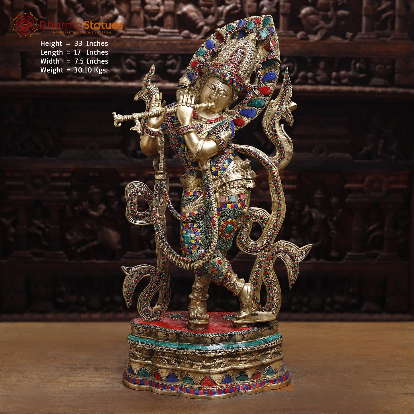 Brass Krishna Playing Flute, Stonework & Golden Finish, 33"
