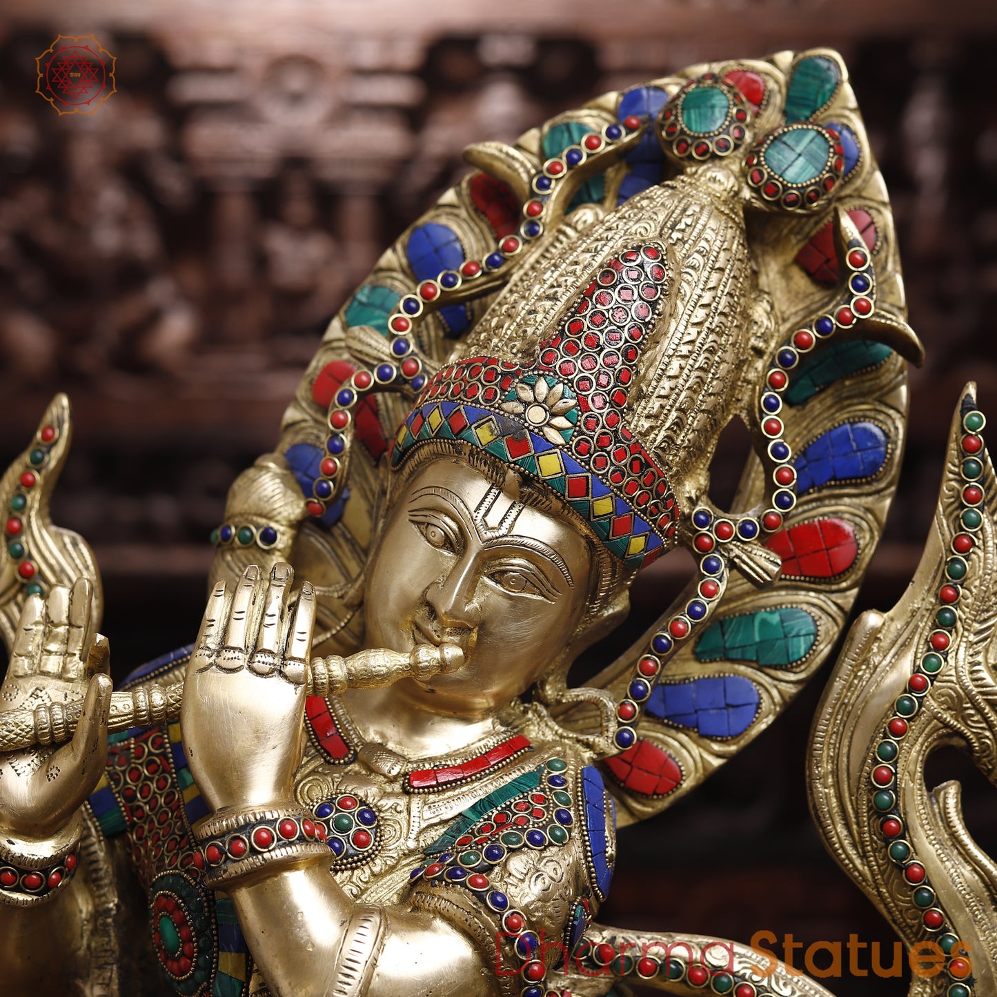 Brass Krishna Playing Flute, Stonework & Golden Finish, 33"