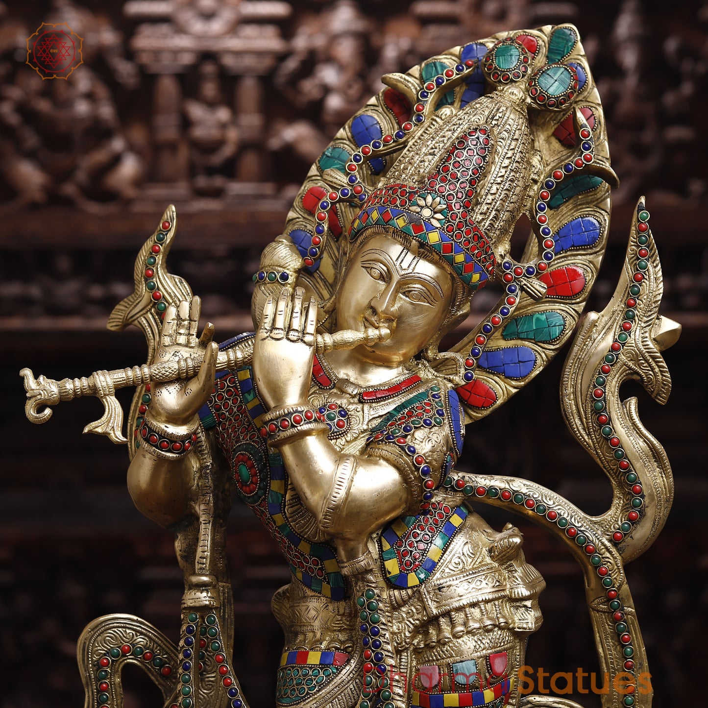 Brass Krishna Playing Flute, Stonework & Golden Finish, 33"