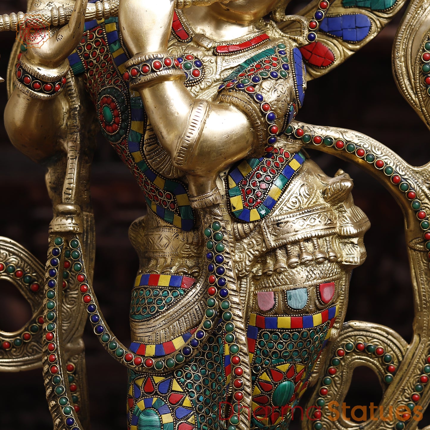 Brass Krishna Playing Flute, Stonework & Golden Finish, 33"