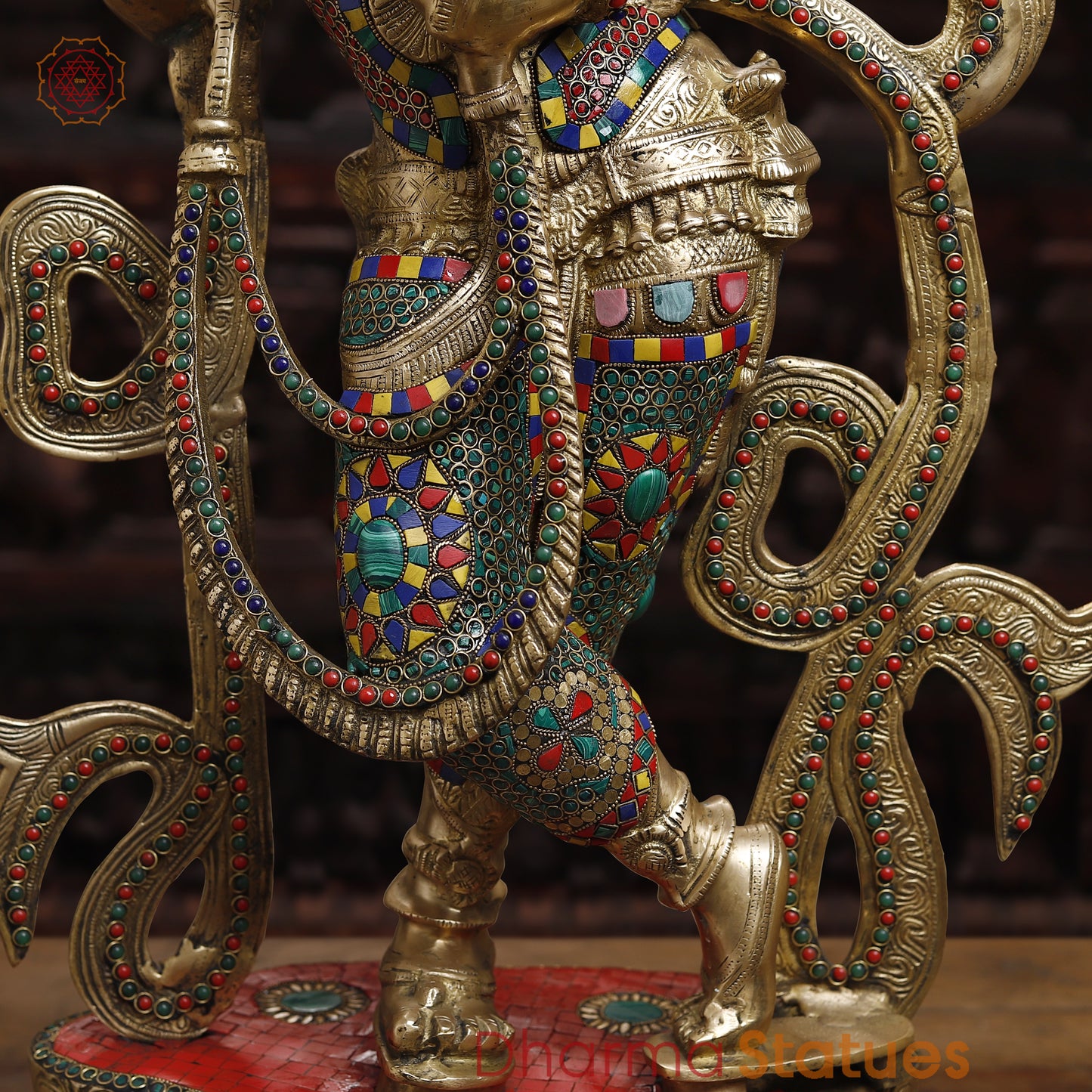 Brass Krishna Playing Flute, Stonework & Golden Finish, 33"