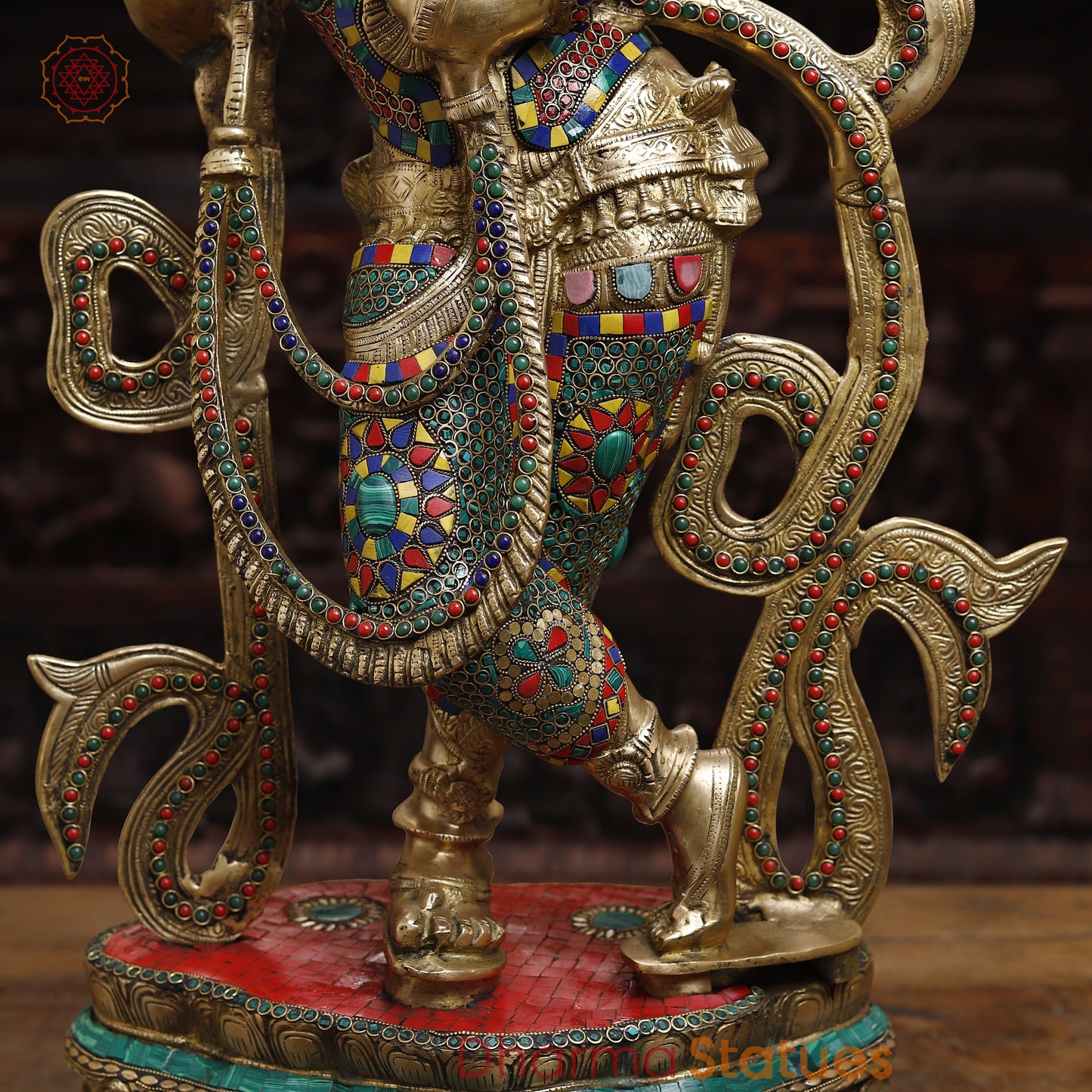 Brass Krishna Playing Flute, Stonework & Golden Finish, 33"