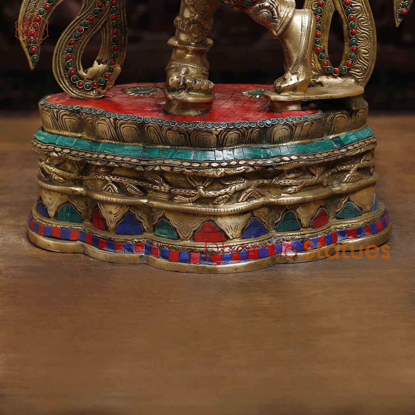 Brass Krishna Playing Flute, Stonework & Golden Finish, 33"