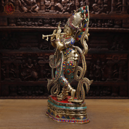 Brass Krishna Playing Flute, Stonework & Golden Finish, 33"