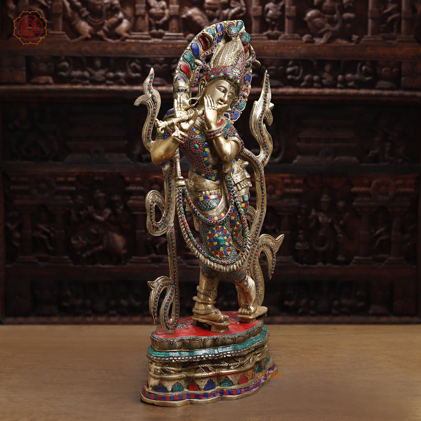 Brass Krishna Playing Flute, Stonework & Golden Finish, 33"