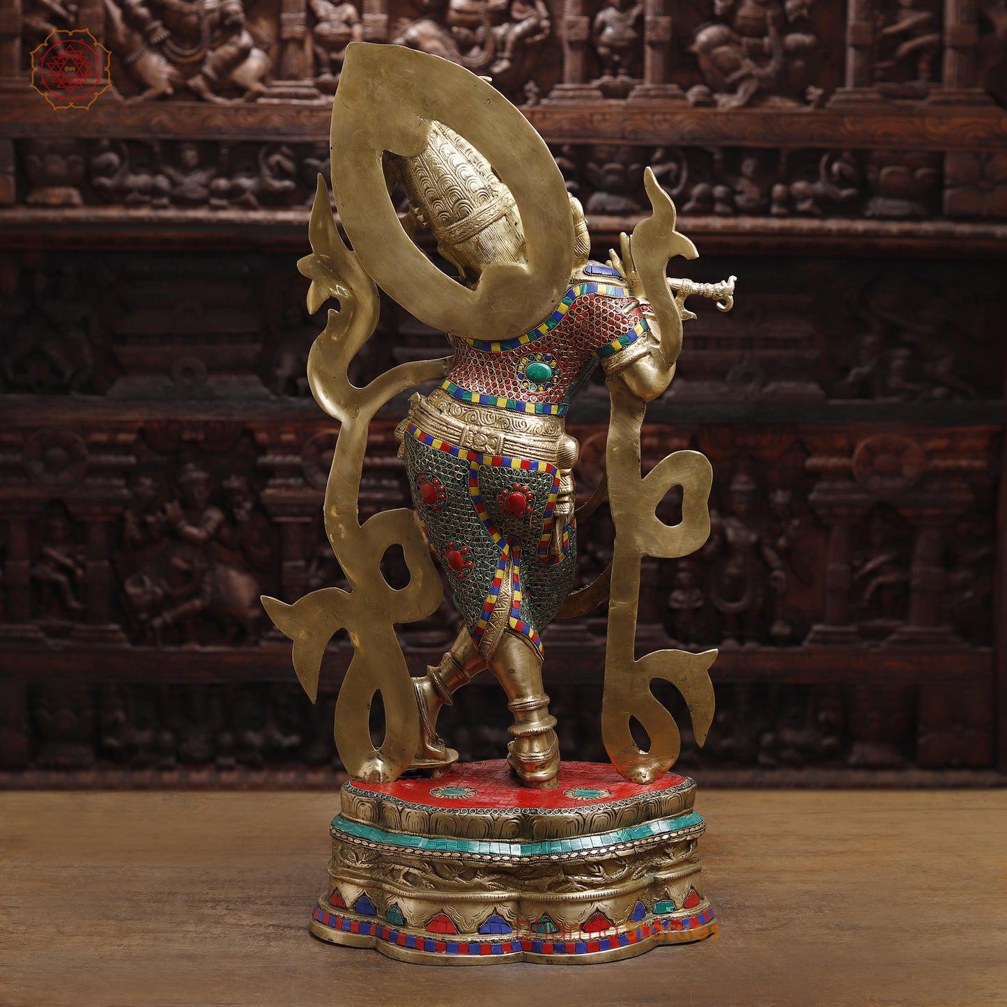 Brass Krishna Playing Flute, Stonework & Golden Finish, 33"