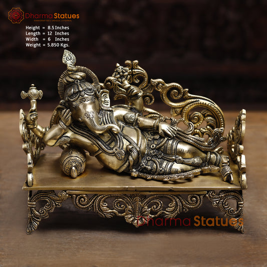 Brass Resting Ganesh, Golden Finish, 8.5"