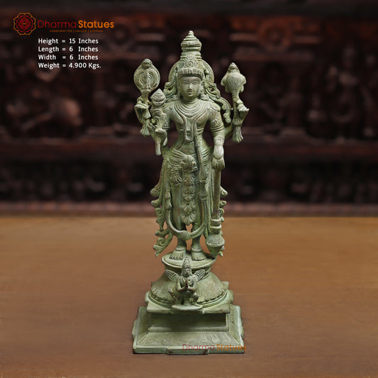 Brass Four-Armed Standing Vishnu, Green Patina Finish, 15"