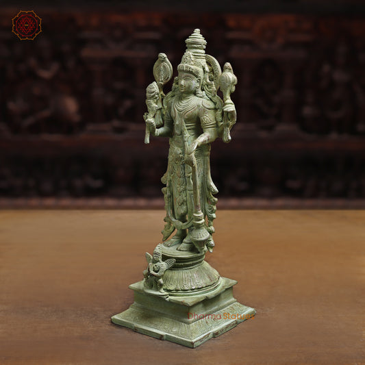 Brass Four-Armed Standing Vishnu, Green Patina Finish, 15"