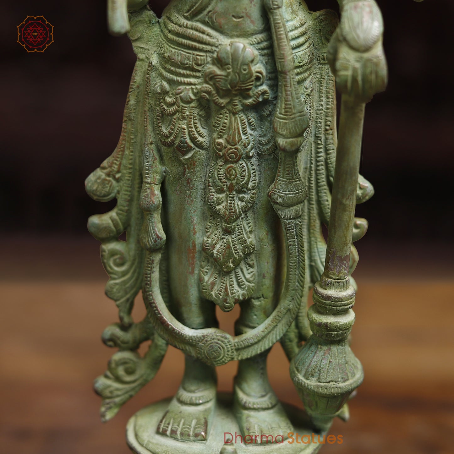 Brass Four-Armed Standing Vishnu, Green Patina Finish, 15"