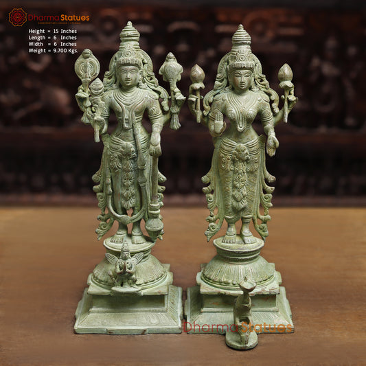 Brass Vishnu & Lakshmi, Green Patina Finish, 15"