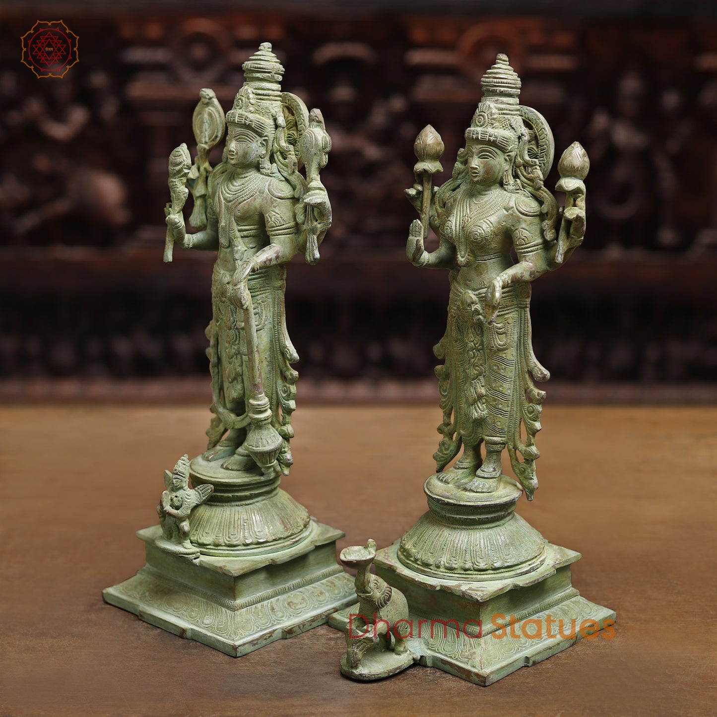 Brass Vishnu & Lakshmi, Green Patina Finish, 15"