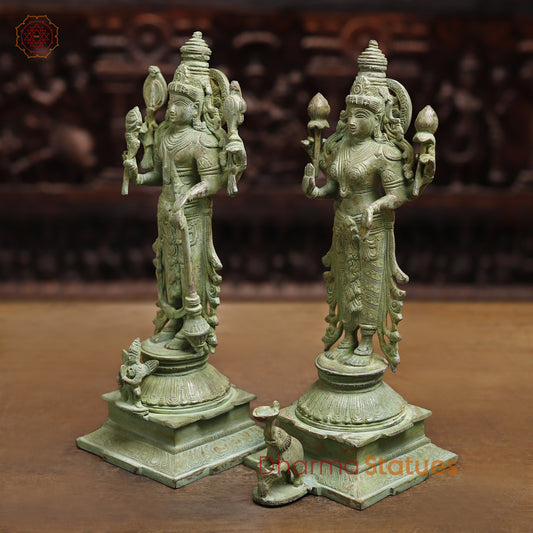 Brass Vishnu & Lakshmi, Green Patina Finish, 15"