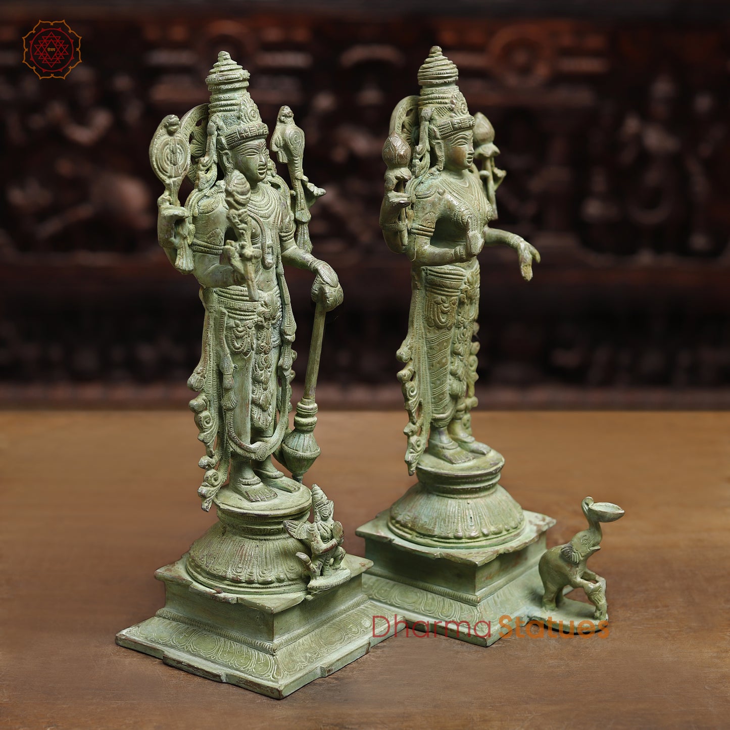 Brass Vishnu & Lakshmi, Green Patina Finish, 15"