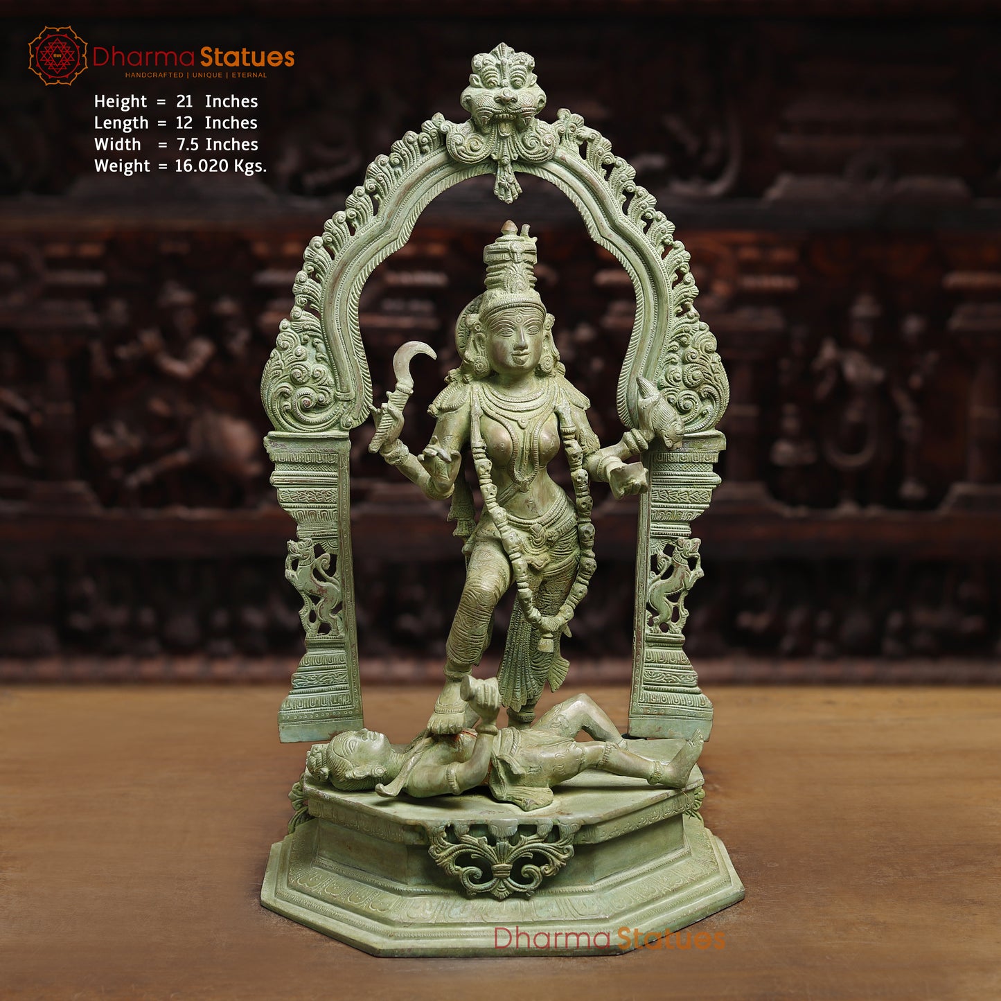 Brass Kali Statue, Green Patina Finish, 21"