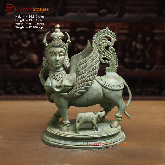 Brass Kamadhenu Cow with Calf, Antique Green Finish, 16.5"