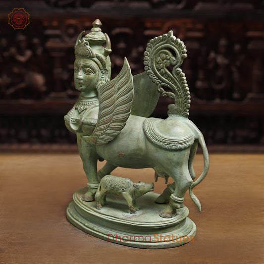 Brass Kamadhenu Cow with Calf, Antique Green Finish, 16.5"