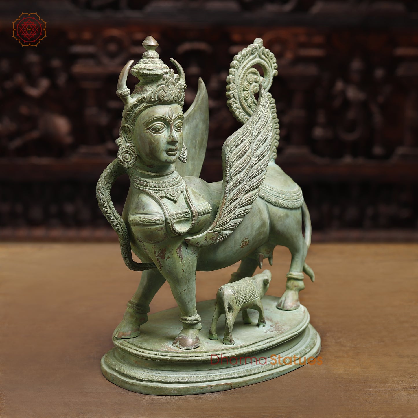 Brass Kamadhenu Cow with Calf, Antique Green Finish, 16.5"