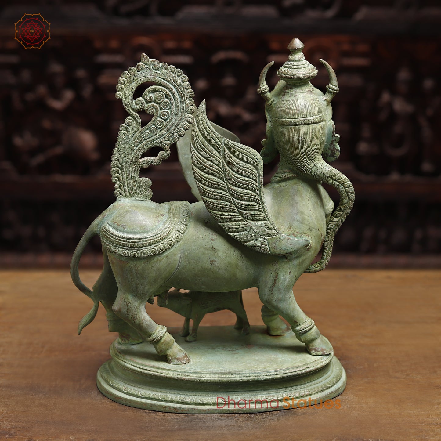 Brass Kamadhenu Cow with Calf, Antique Green Finish, 16.5"