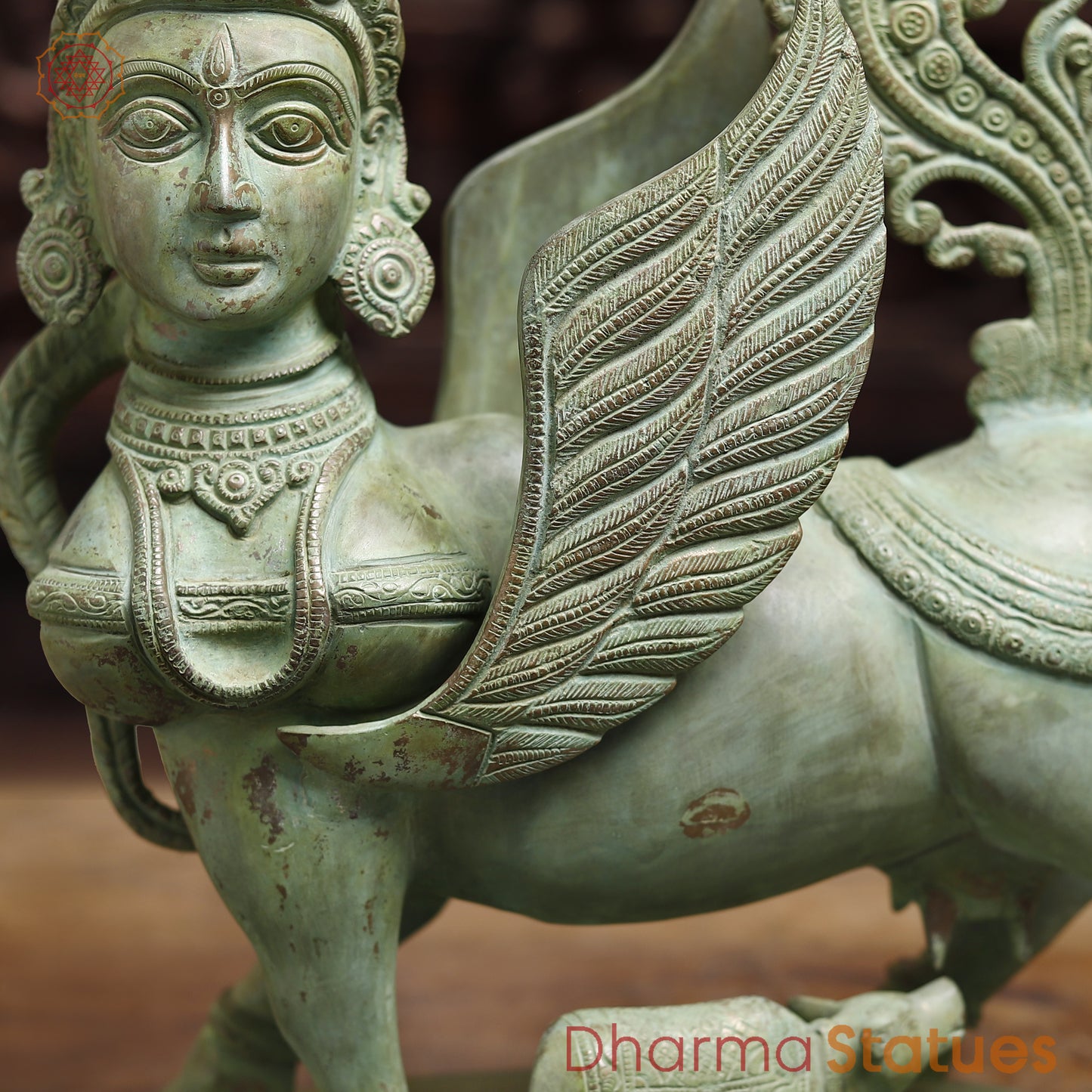 Brass Kamadhenu Cow with Calf, Antique Green Finish, 16.5"