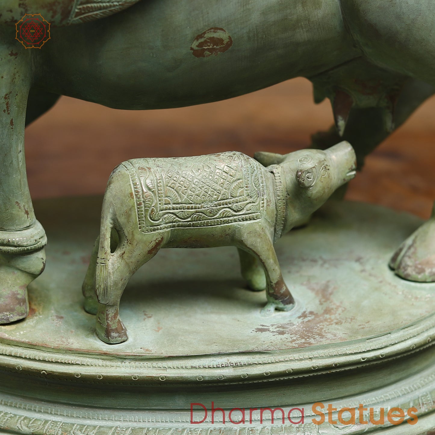 Brass Kamadhenu Cow with Calf, Antique Green Finish, 16.5"