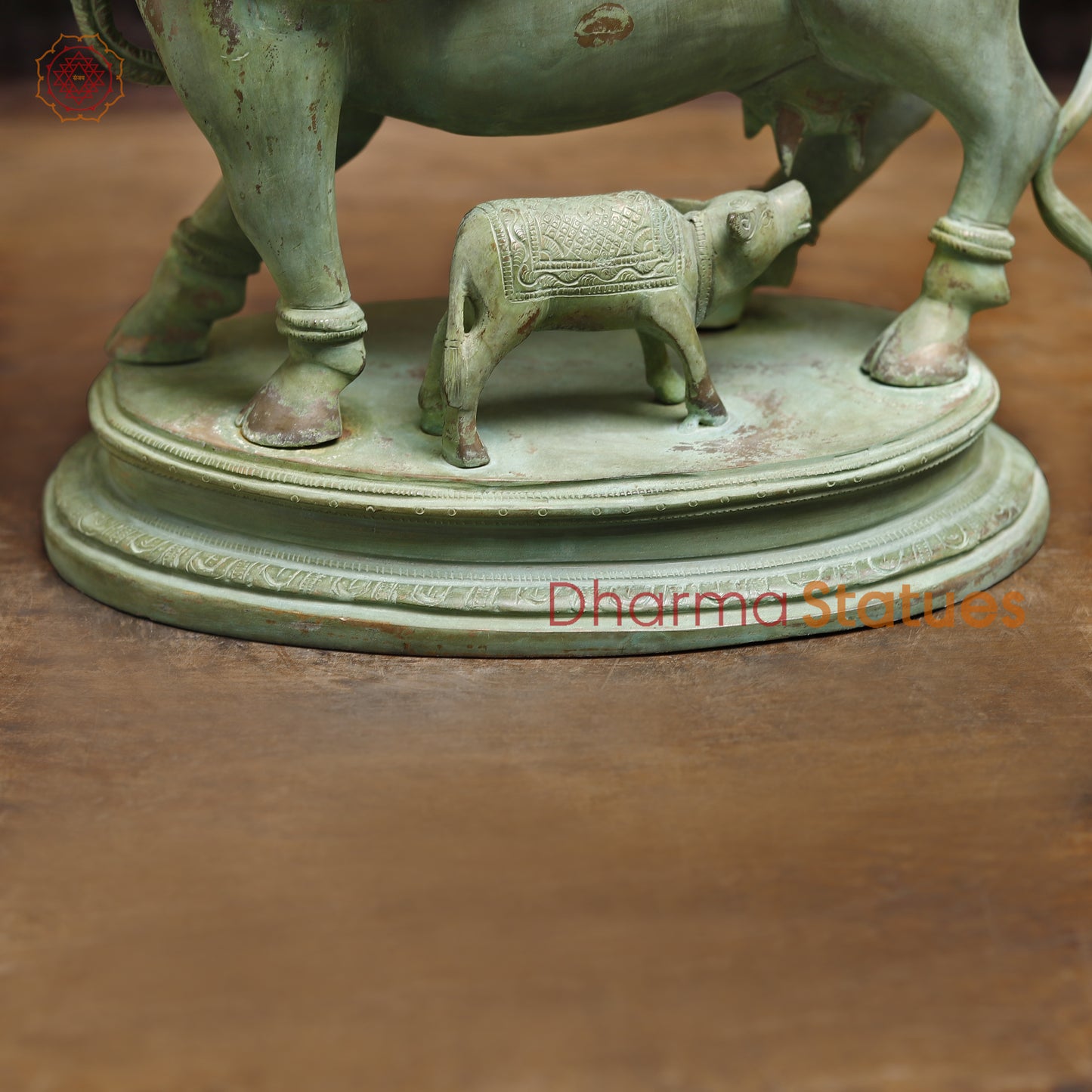 Brass Kamadhenu Cow with Calf, Antique Green Finish, 16.5"