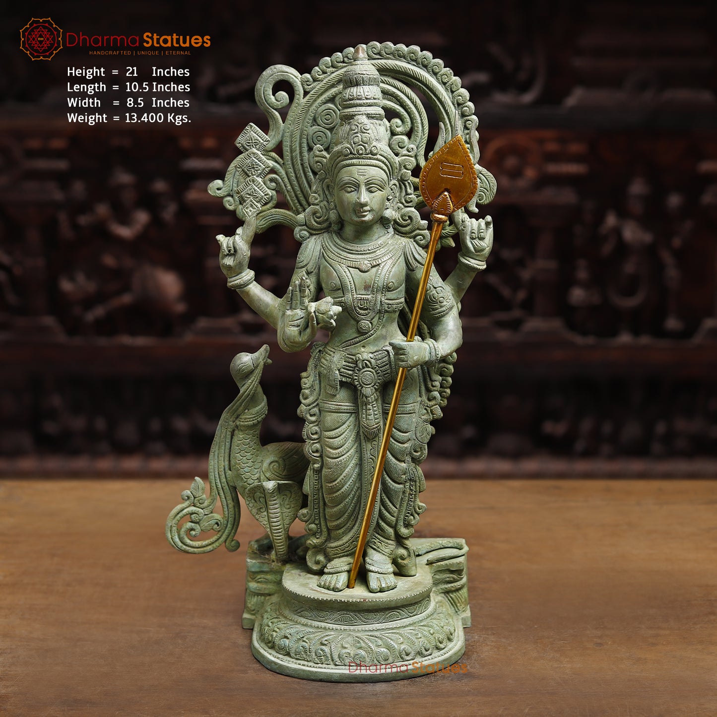 Brass Murugan with Peacock and Cobra, Antique Green Finish, 21"