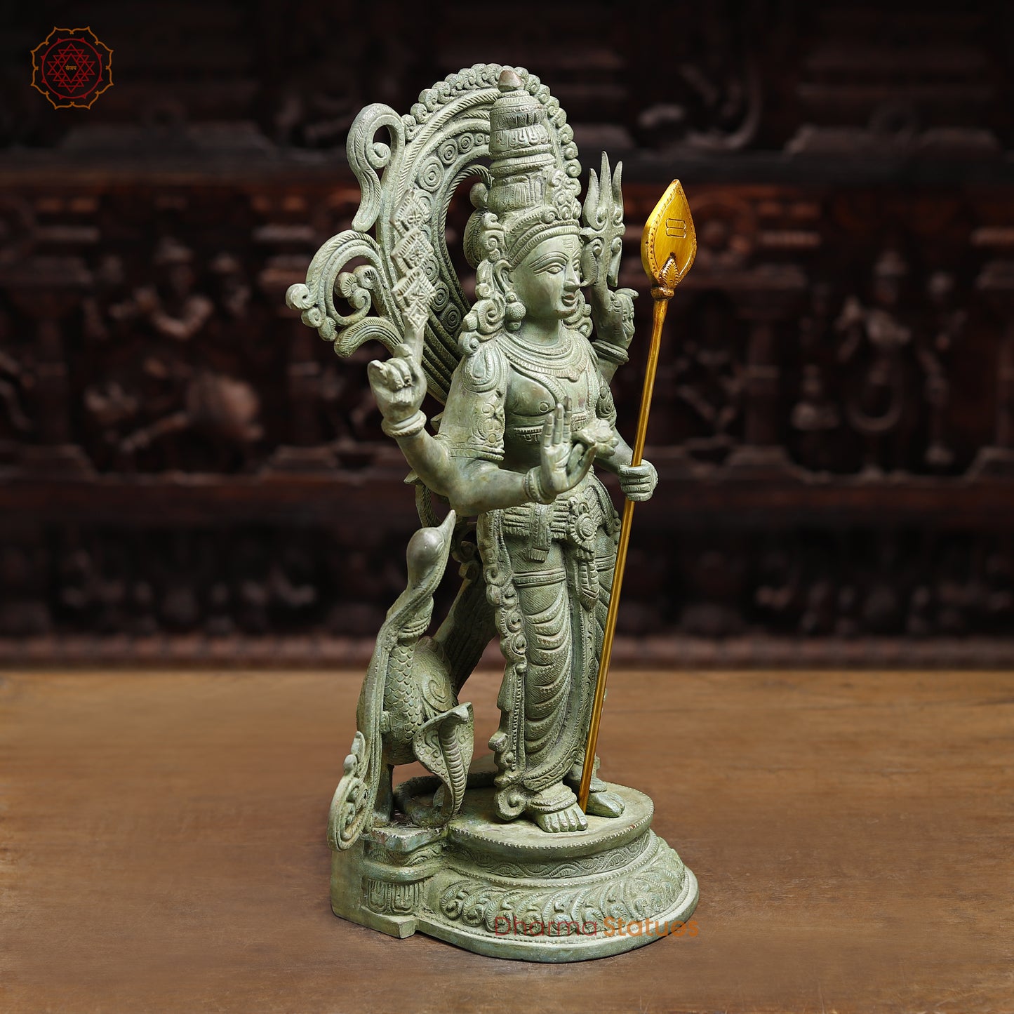 Brass Murugan with Peacock and Cobra, Antique Green Finish, 21"