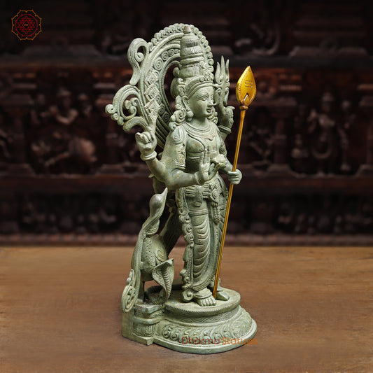 Brass Murugan with Peacock and Cobra, Antique Green Finish, 21"