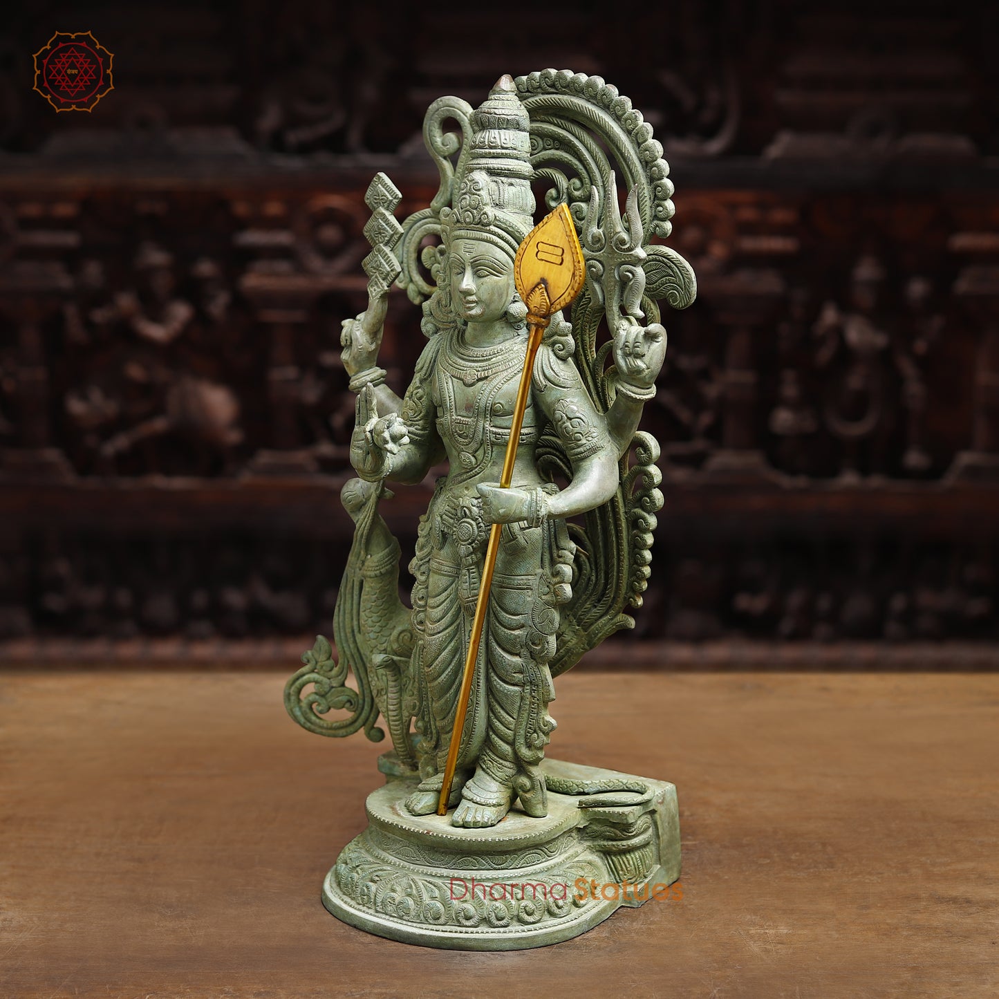 Brass Murugan with Peacock and Cobra, Antique Green Finish, 21"