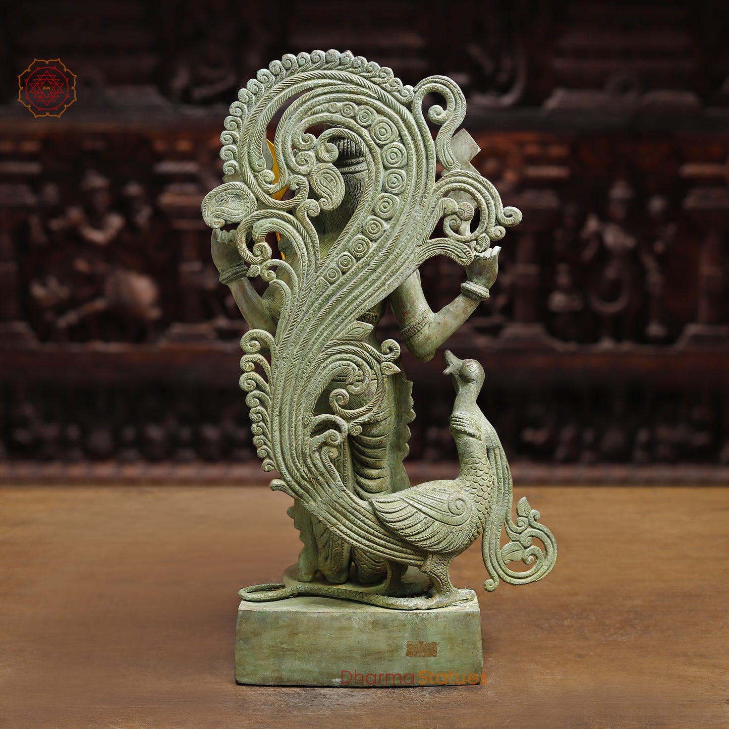 Brass Murugan with Peacock and Cobra, Antique Green Finish, 21"