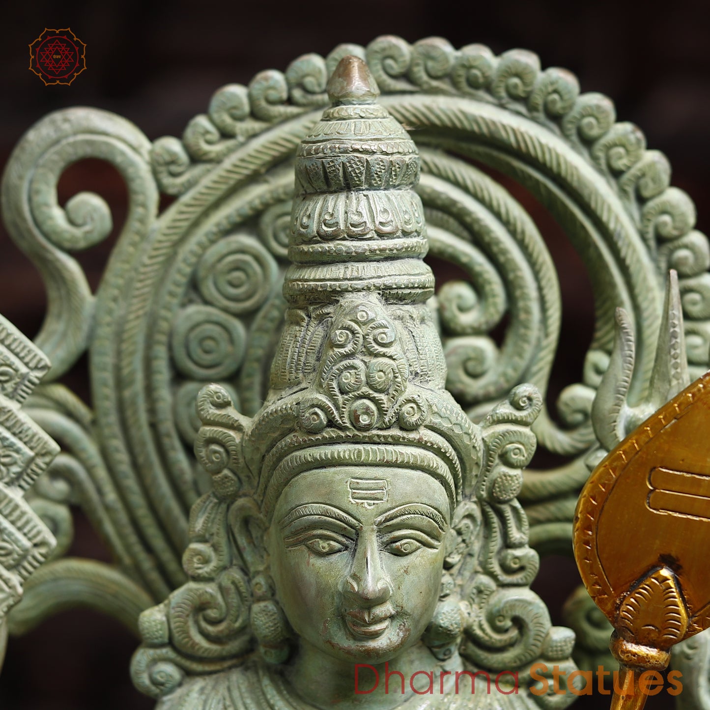 Brass Murugan with Peacock and Cobra, Antique Green Finish, 21"