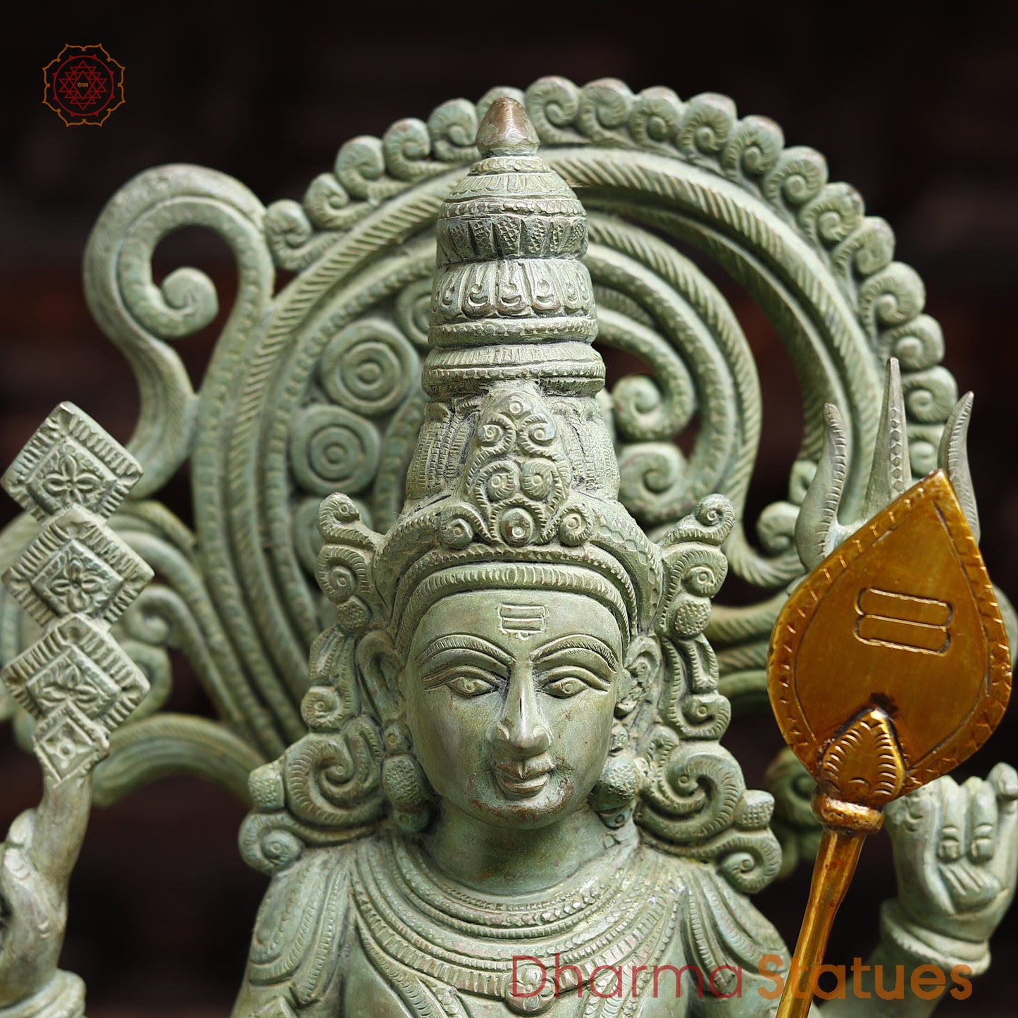 Brass Murugan with Peacock and Cobra, Antique Green Finish, 21"