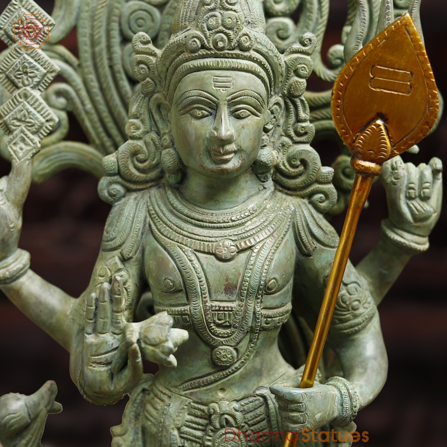 Brass Murugan with Peacock and Cobra, Antique Green Finish, 21"