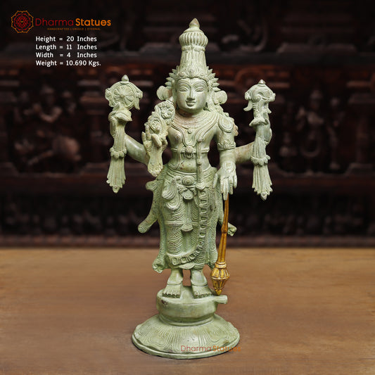 Brass Vishnu Statue, Antique Green Finish, 20"