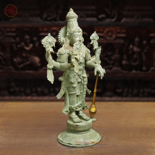 Brass Vishnu Statue, Antique Green Finish, 20"