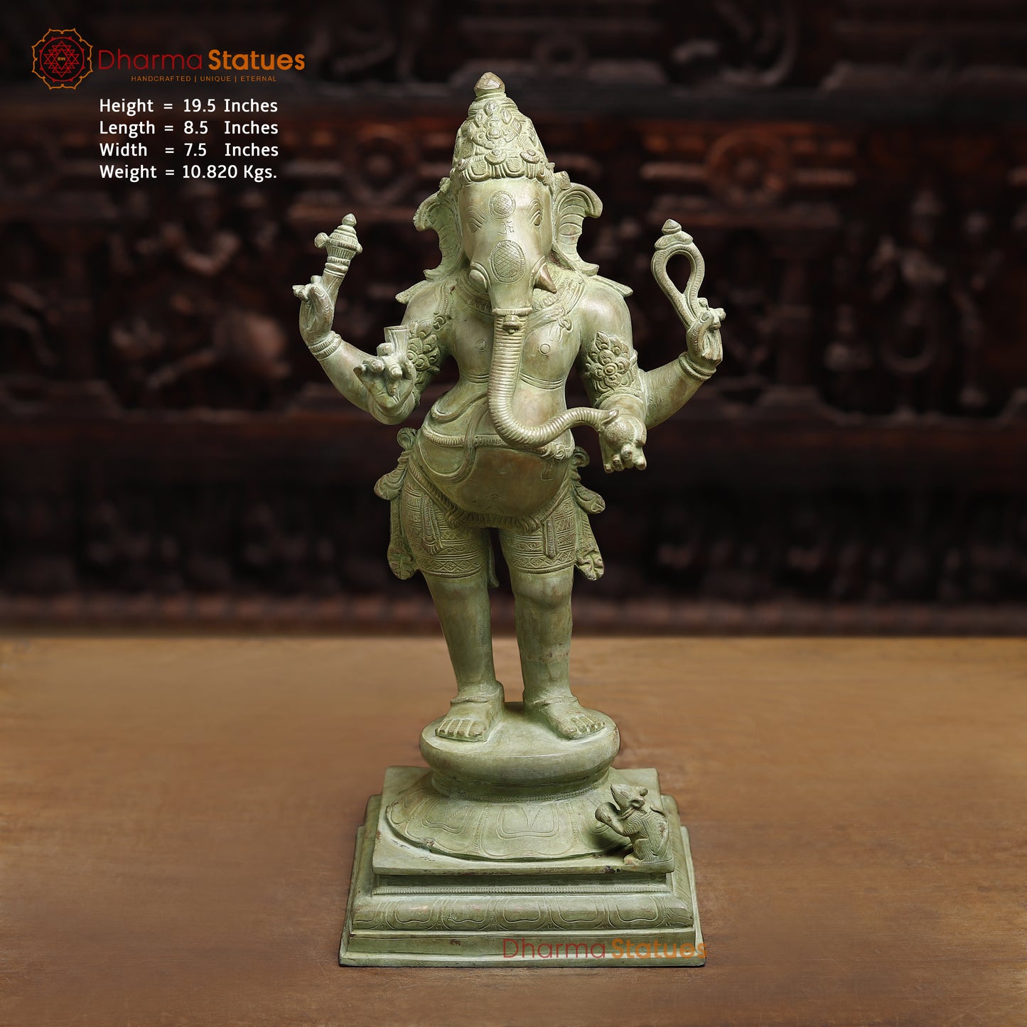 Brass Ganesh with 4-Arms, Antique Green Finish, 19.5"
