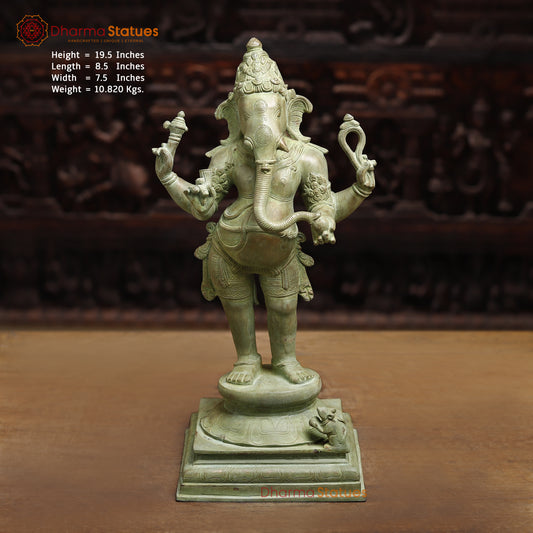 Brass Ganesh with 4-Arms, Antique Green Finish, 19.5"