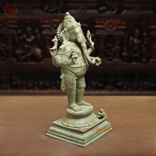 Brass Ganesh with 4-Arms, Antique Green Finish, 19.5"