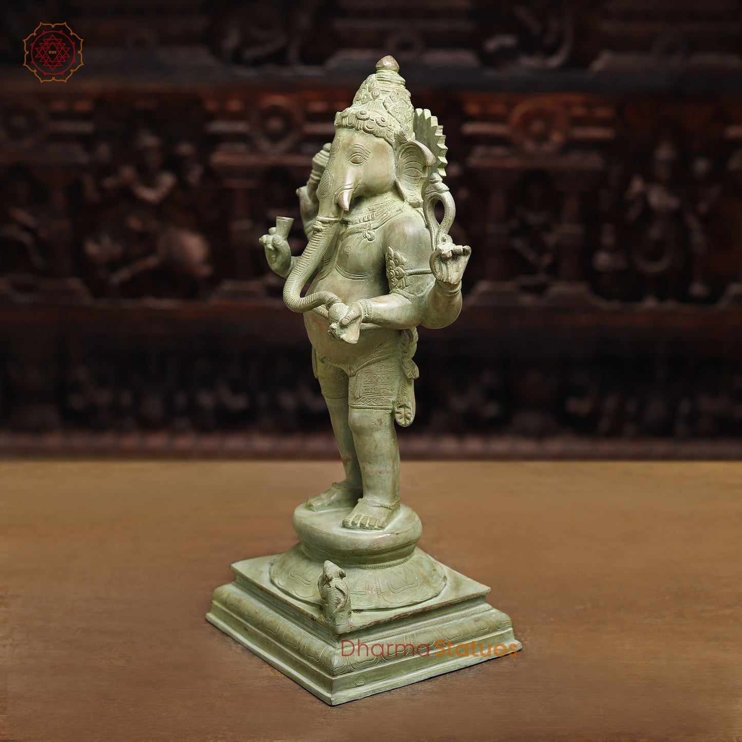 Brass Ganesh with 4-Arms, Antique Green Finish, 19.5"