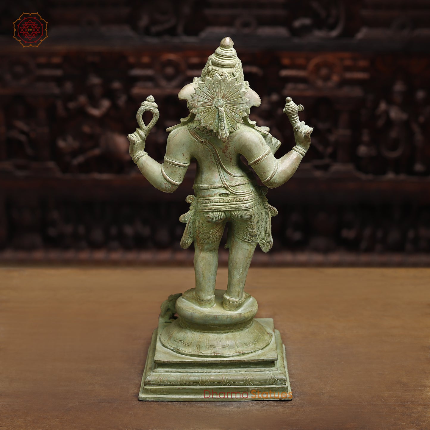 Brass Ganesh with 4-Arms, Antique Green Finish, 19.5"