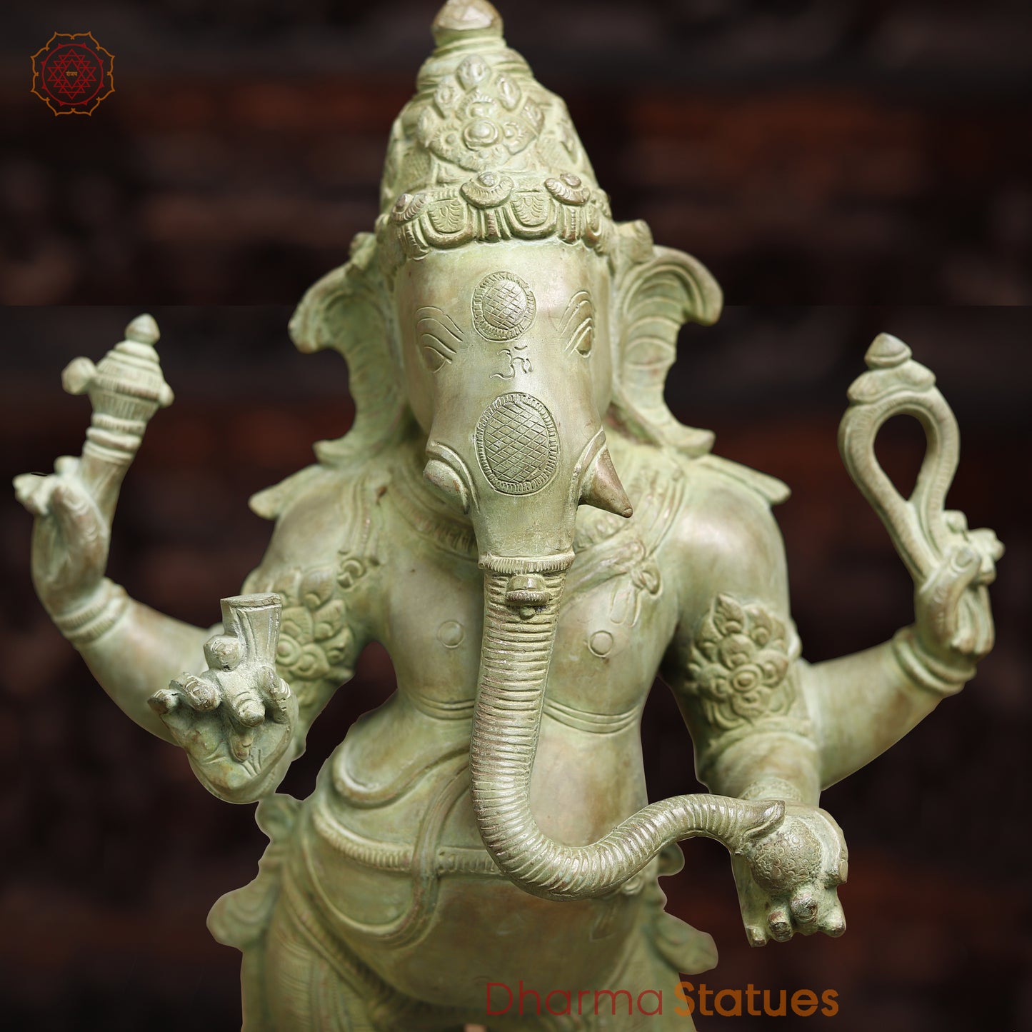 Brass Ganesh with 4-Arms, Antique Green Finish, 19.5"