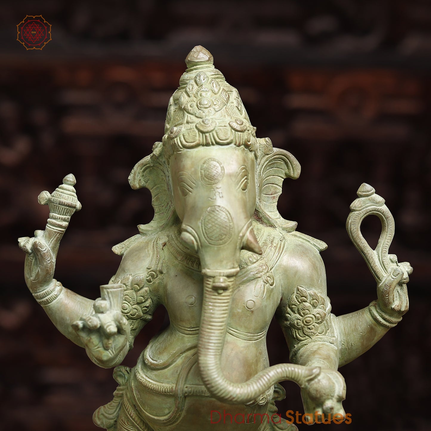 Brass Ganesh with 4-Arms, Antique Green Finish, 19.5"