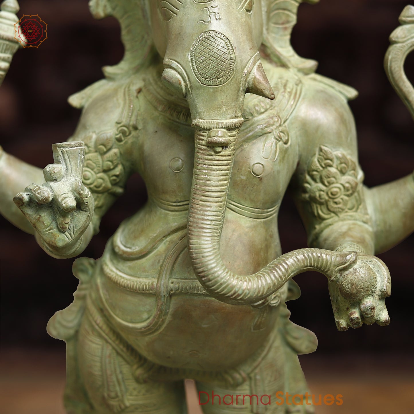 Brass Ganesh with 4-Arms, Antique Green Finish, 19.5"
