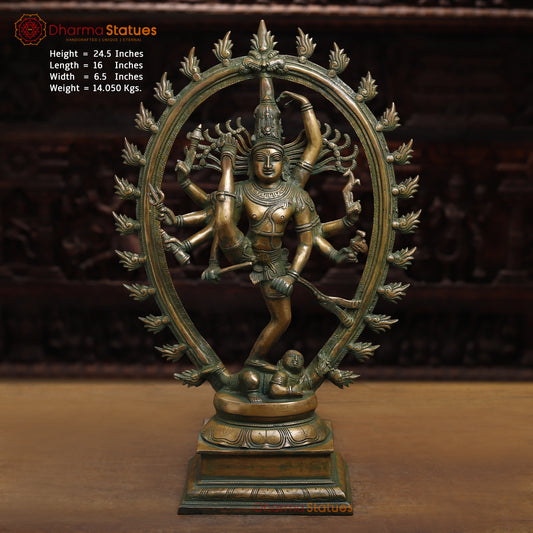 Brass Nataraj, Dancing Shiva, Antique Gold & Green Finish, 24.5"